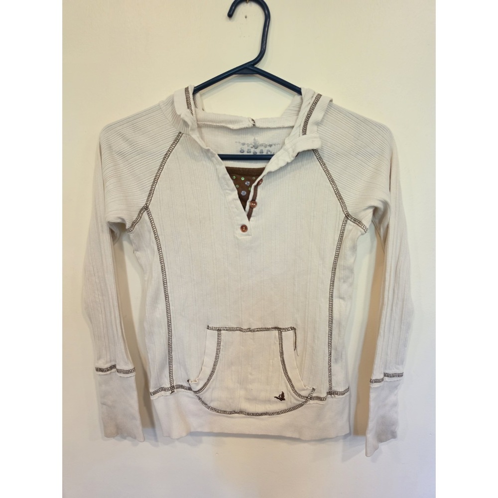 Y2K Sugar XS Ribbed Hoodie Henley Long Sleeve Boho Fairy Grunge Elena Gilbert